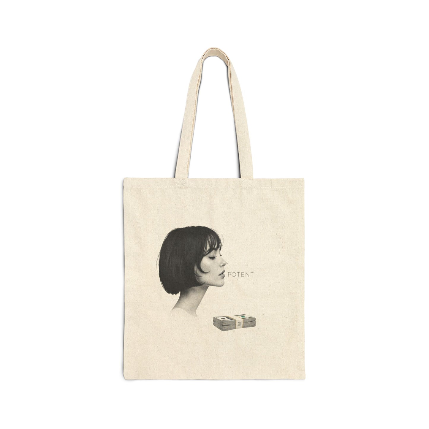 Canvas Tote Bag — Minimalist 'Potent' Fashion Tote with Portrait Illustration
