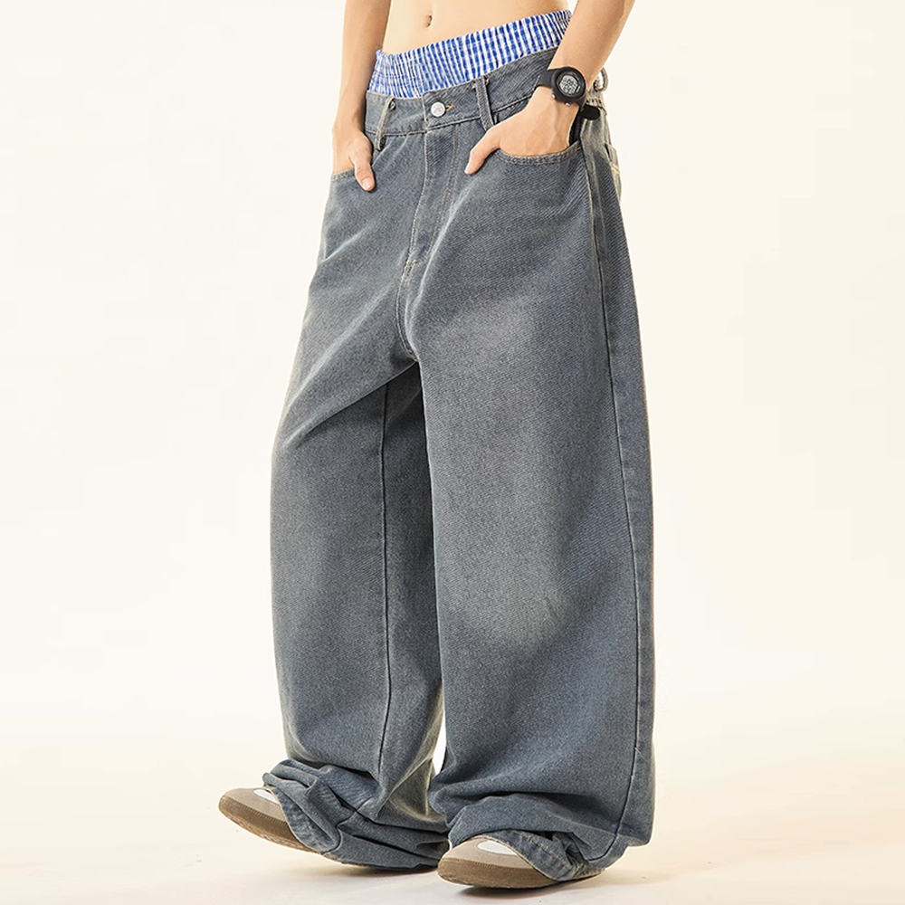 Unisex Double Waist Design Hip-hop Style Wide Leg Jeans