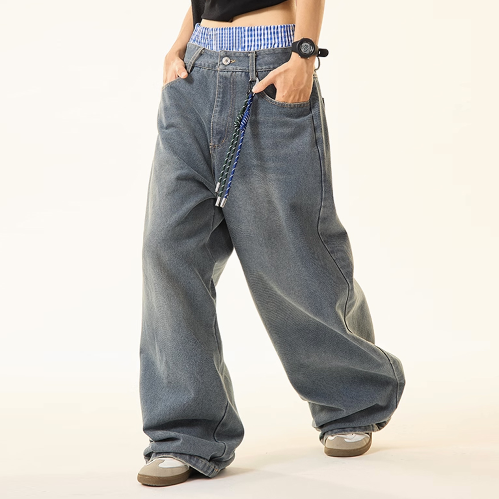 Unisex Double Waist Design Hip-hop Style Wide Leg Jeans