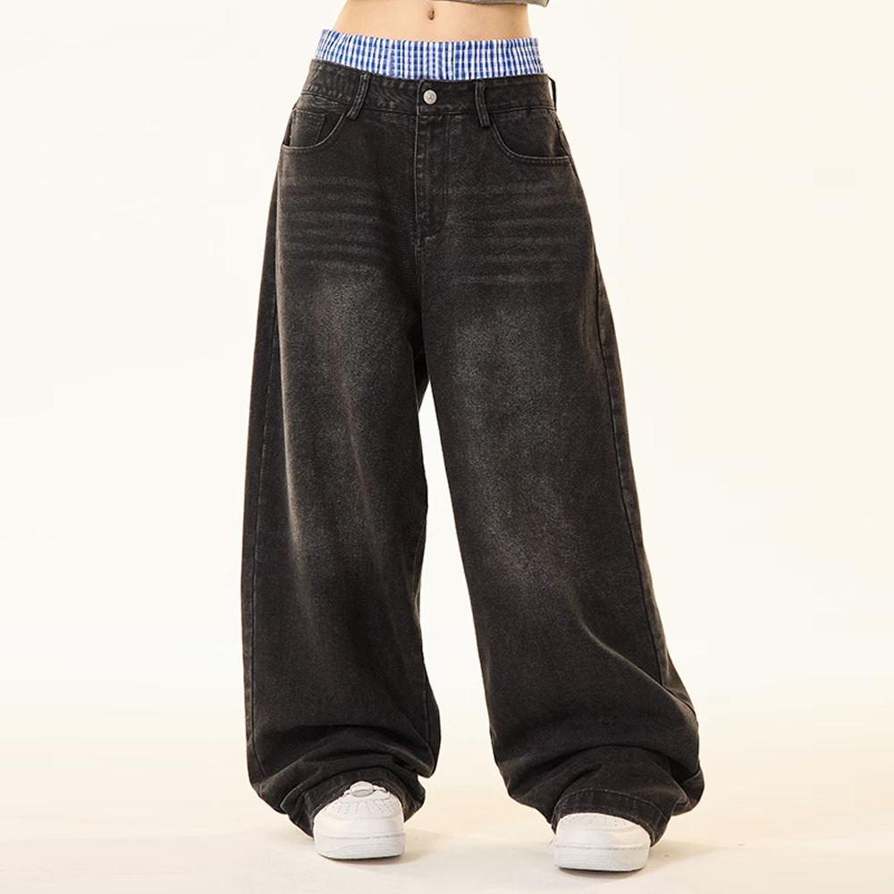 Unisex Double Waist Design Hip-hop Style Wide Leg Jeans