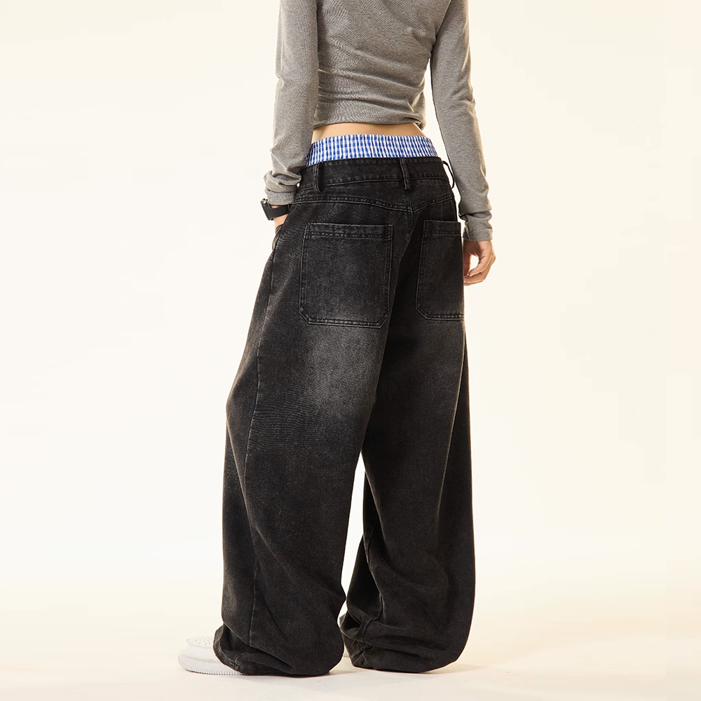 Unisex Double Waist Design Hip-hop Style Wide Leg Jeans
