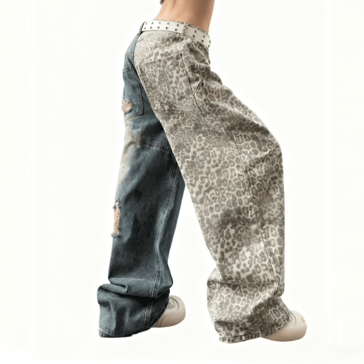 Unisex Washed Distressed Leopard Print Ripped Wide-leg Jeans