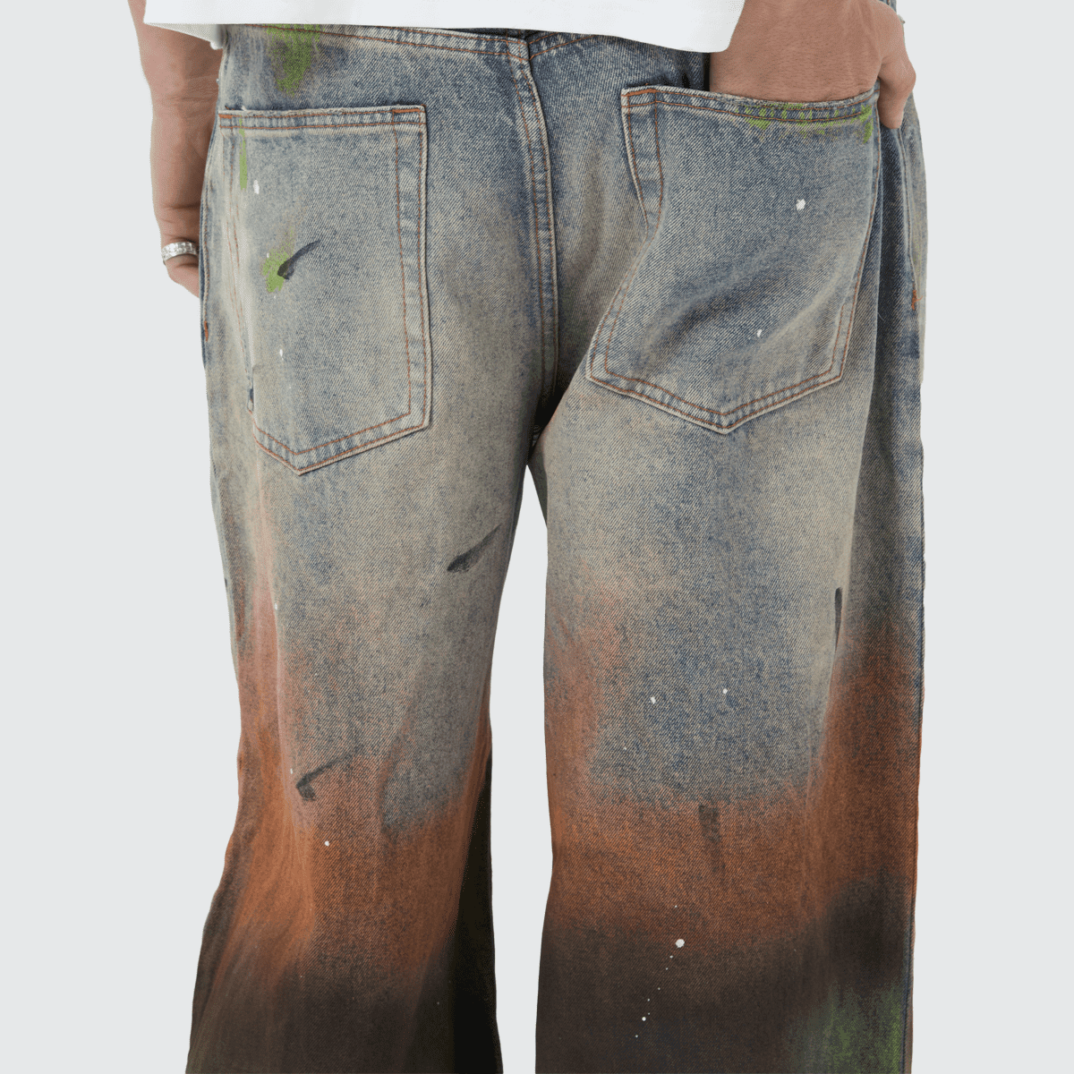 Unisex Vintage Washed Distressed Paint-Splatter Denim Jeans