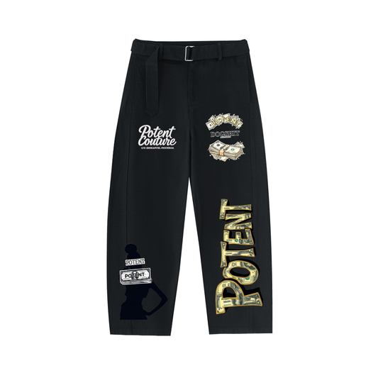 Twisted-Seam Belted Curved-Blade Pants