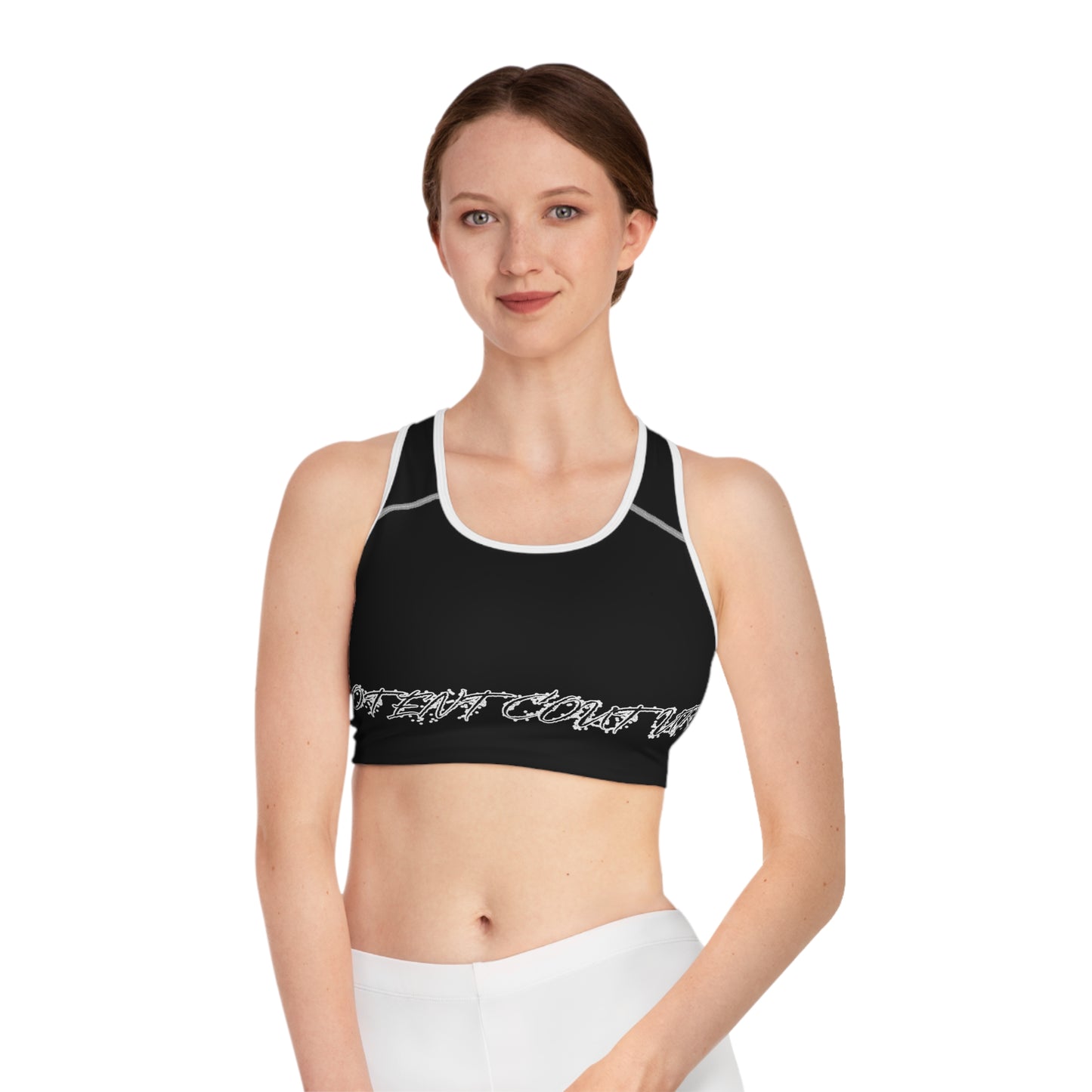 Black Graphic Sports Bra — 'Profeat Couture' Logo Racerback Activewear
