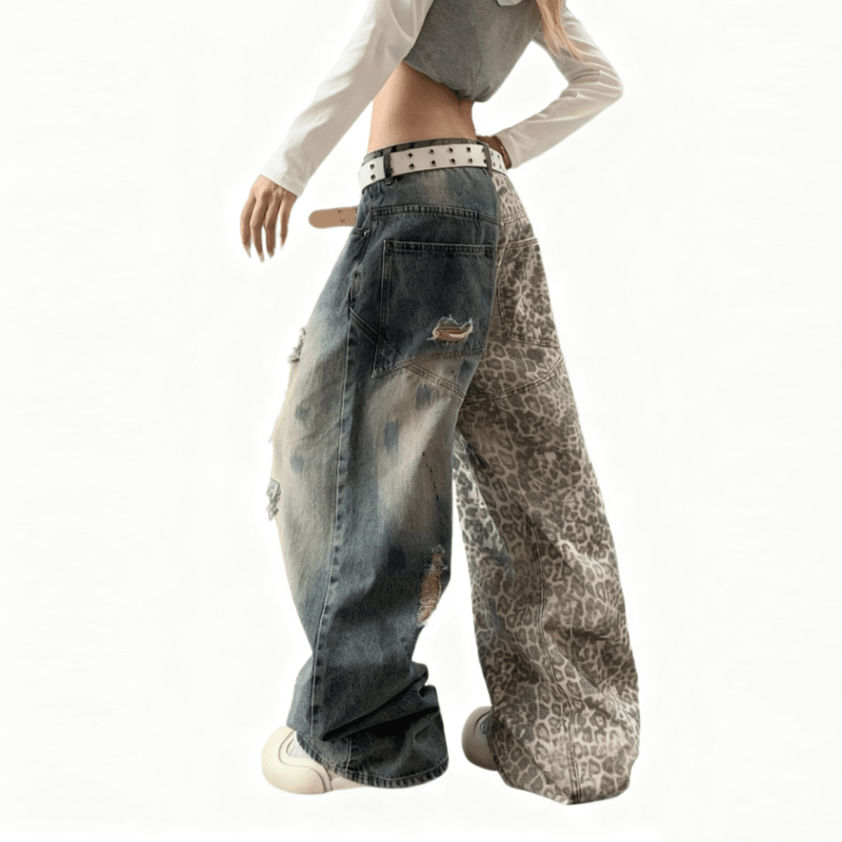 Unisex Washed Distressed Leopard Print Ripped Wide-leg Jeans