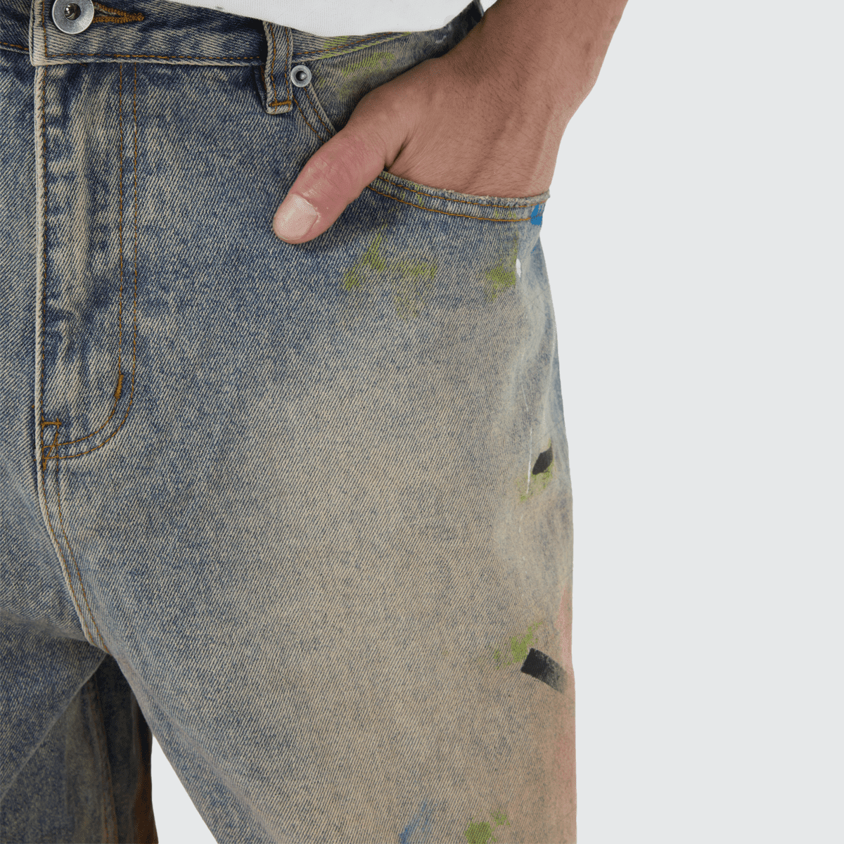 Unisex Vintage Washed Distressed Paint-Splatter Denim Jeans