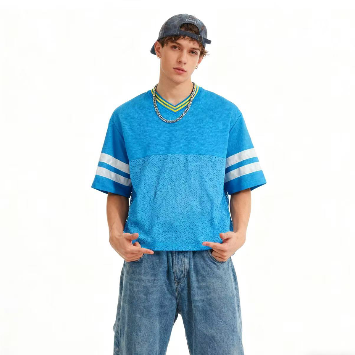 Unisex Oversized Cropped Vintage Jacquard-collar Mesh T-shirt（290GSM）
