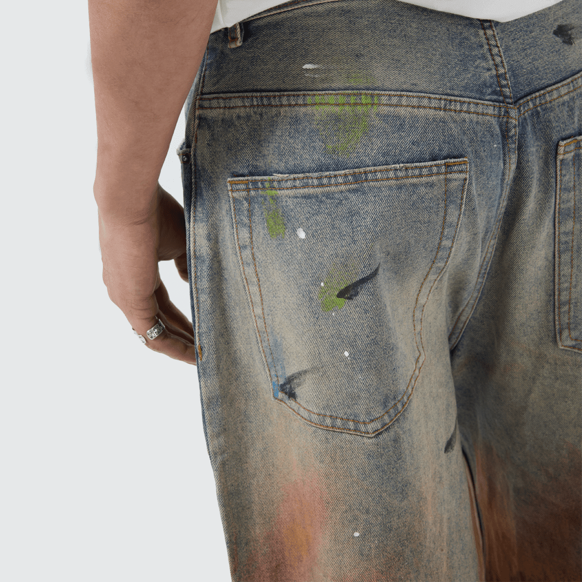 Unisex Vintage Washed Distressed Paint-Splatter Denim Jeans