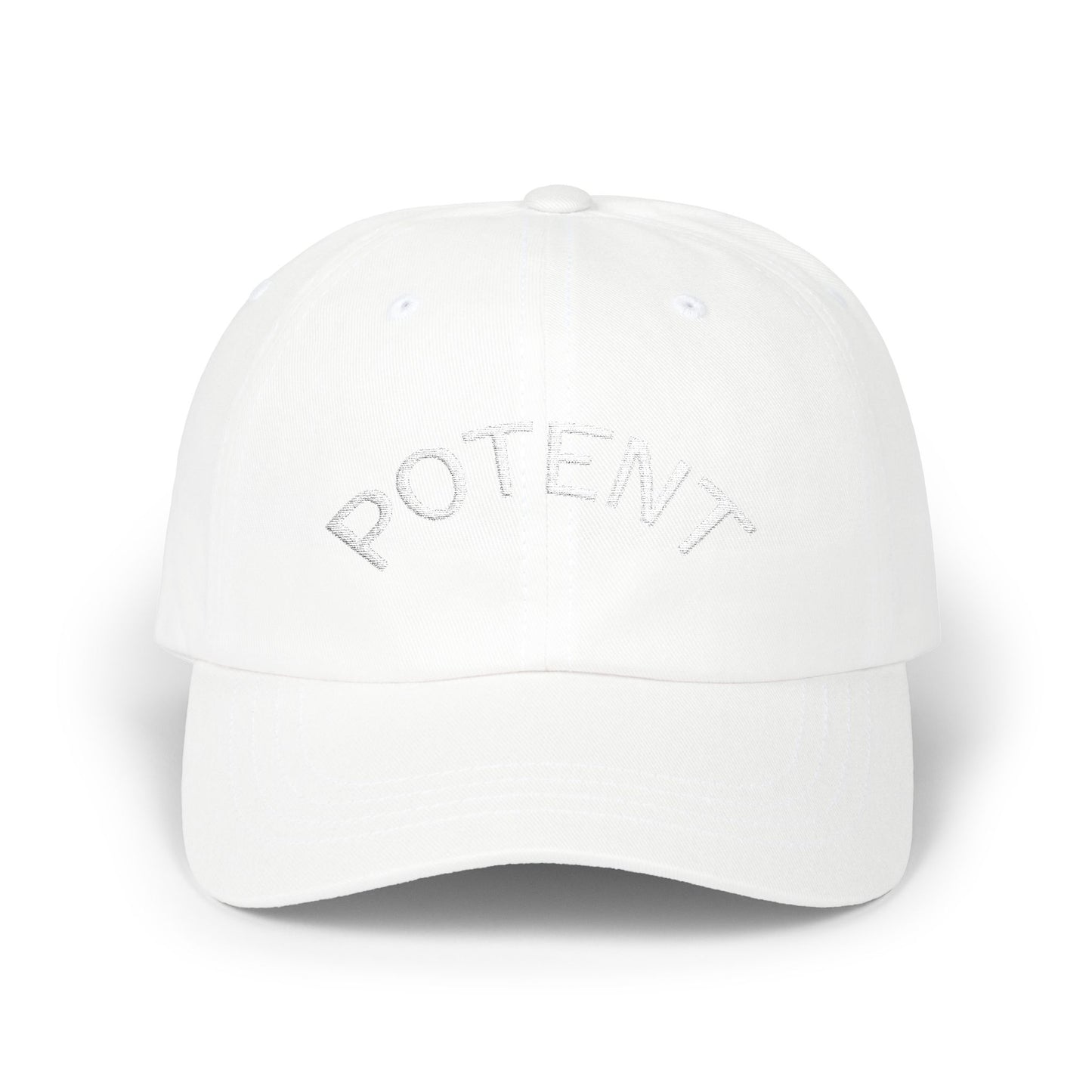 Potent Embroidered Dad Cap — Minimal White Baseball Hat