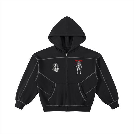 Contrast-Stitched Boxy Fleece Zip Hoodie