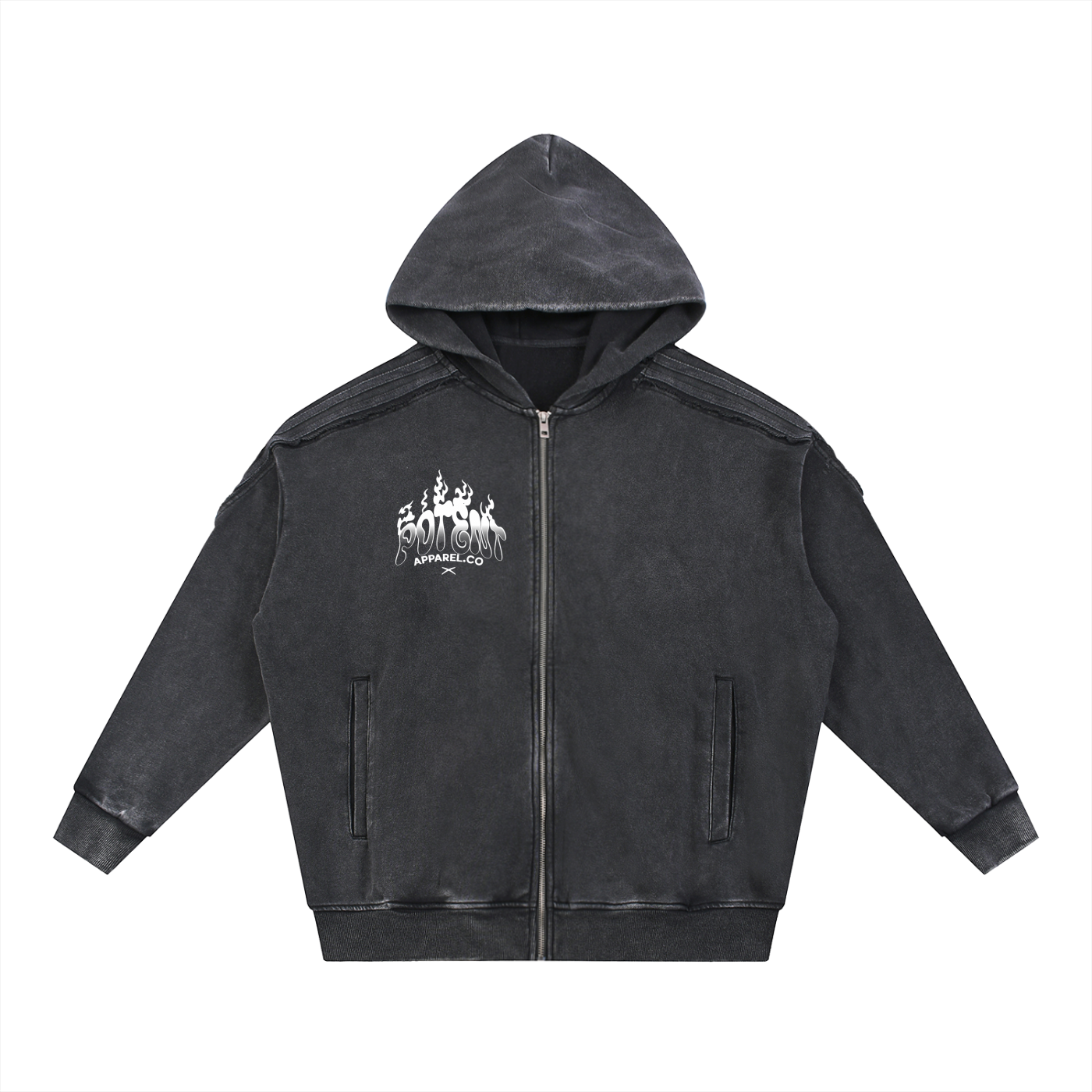 Snow Washed Tape Raw Edge Zip Hoodie