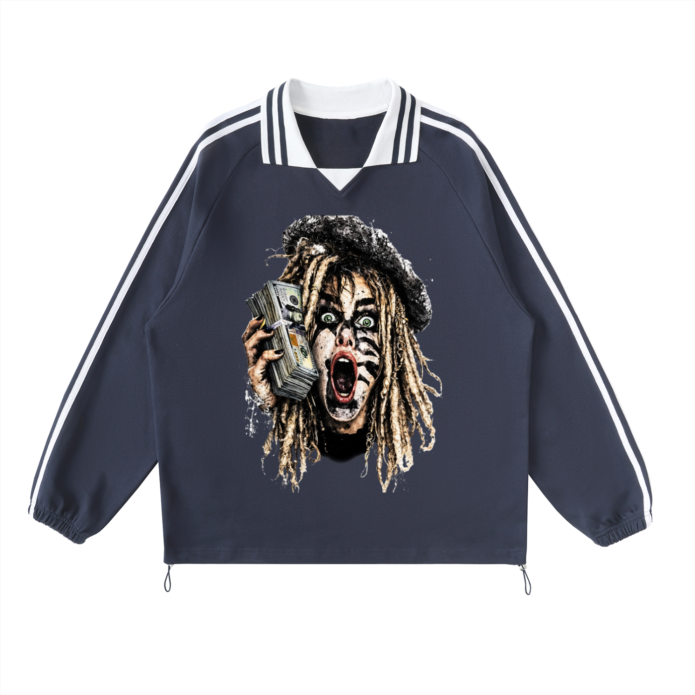 Contrast Striped Lapel Collar Sweatshirt