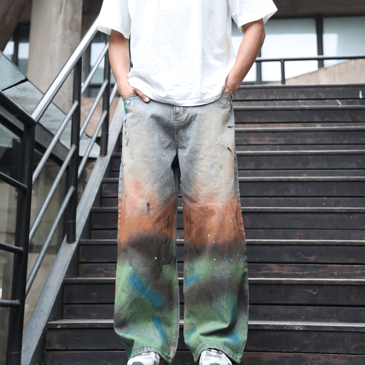Unisex Vintage Washed Distressed Paint-Splatter Denim Jeans