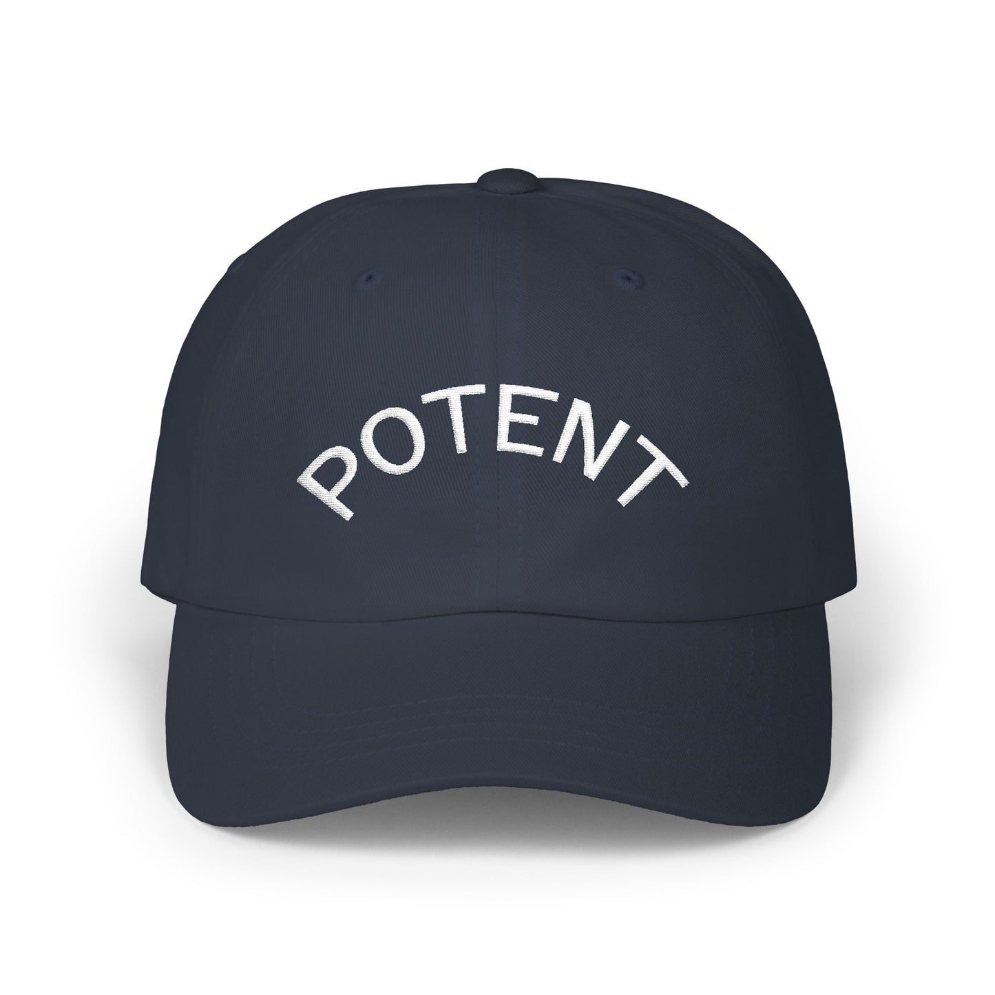 Potent Embroidered Dad Cap — Minimal White Baseball Hat