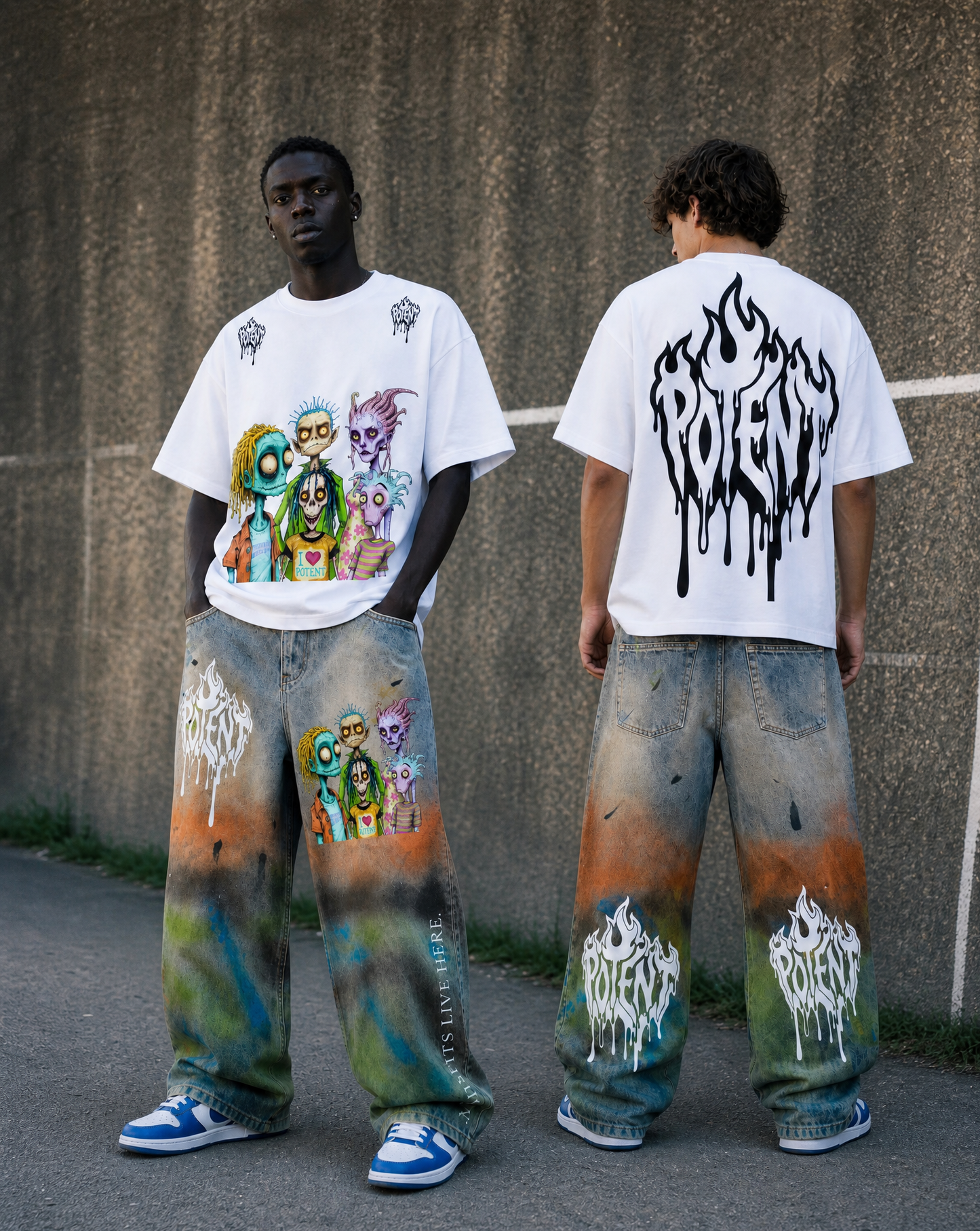 Unisex Vintage Washed Distressed Paint-Splatter Denim Jeans