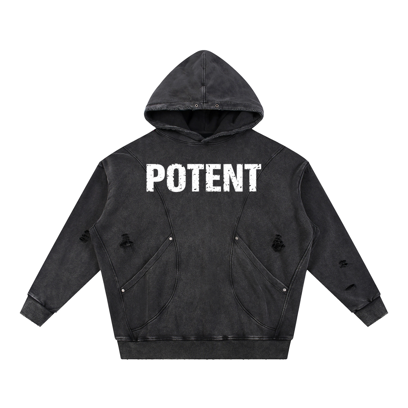Snow Washed Distressed Panel Pocket Hoodie