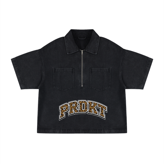 Unisex Vintage Wash Boxy Quarter-Zip Denim Shirt
